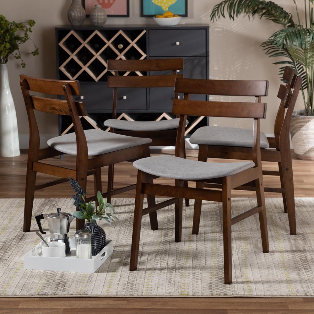 Devlin Mid-Century Modern Transitional Light Grey Fabric Upholstered and Walnut Brown Finished Wood 4-Piece Dining Chair Set FredCo