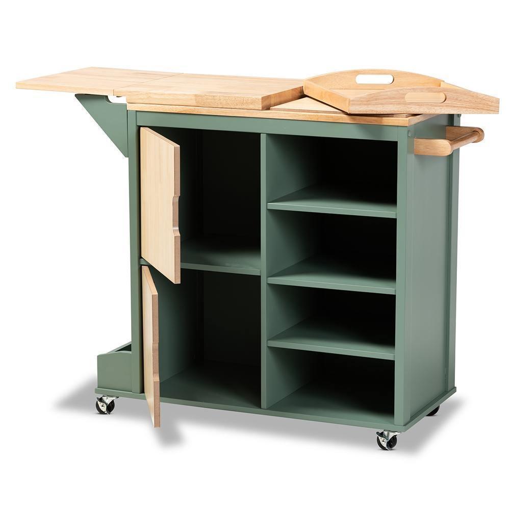 Dorthy Coastal and Farmhouse Two-tone Dark Green and Natural Wood Kitchen Storage Cart FredCo