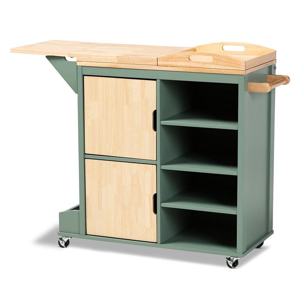 Dorthy Coastal and Farmhouse Two-tone Dark Green and Natural Wood Kitchen Storage Cart FredCo