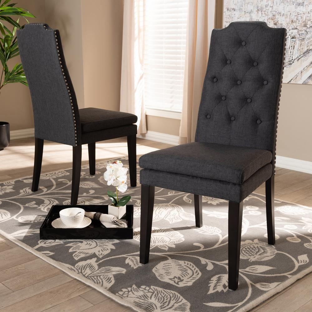 Dylin Modern and Contemporary Charcoal Fabric Upholstered Button Tufted Wood Dining Chair Set of 2 FredCo