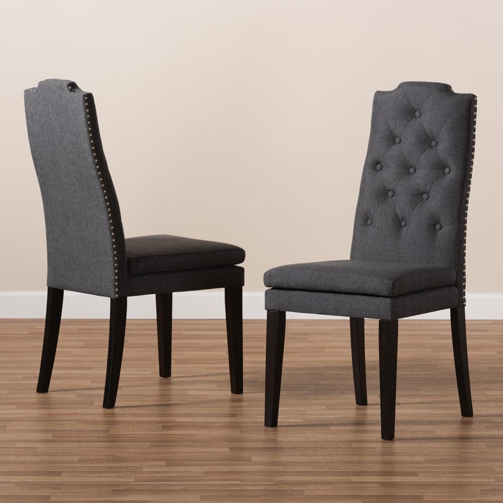 Dylin Modern and Contemporary Charcoal Fabric Upholstered Button Tufted Wood Dining Chair Set of 2 FredCo