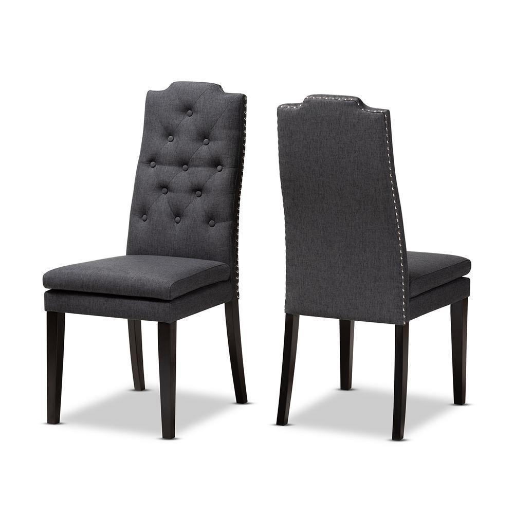 Dylin Modern and Contemporary Charcoal Fabric Upholstered Button Tufted Wood Dining Chair Set of 2 FredCo