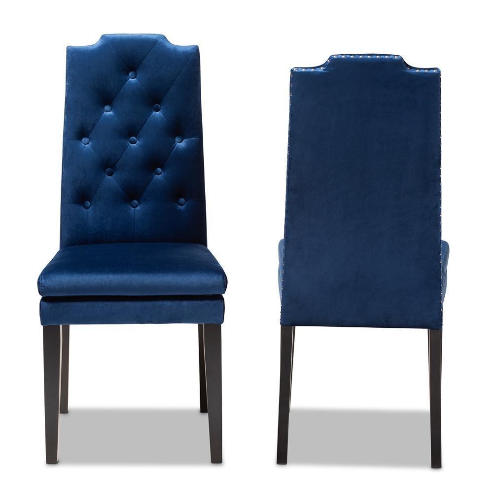 Dylin Modern and Contemporary Navy Blue Velvet Fabric Upholstered Button Tufted Wood Dining Chair Set of 2 FredCo