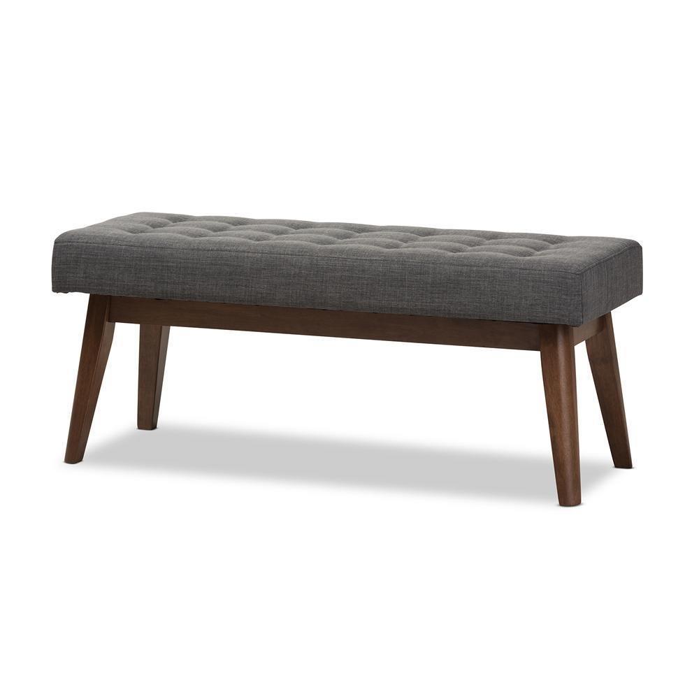 Elia Mid-Century Modern Walnut Wood Dark Grey Fabric Button-Tufted Bench FredCo