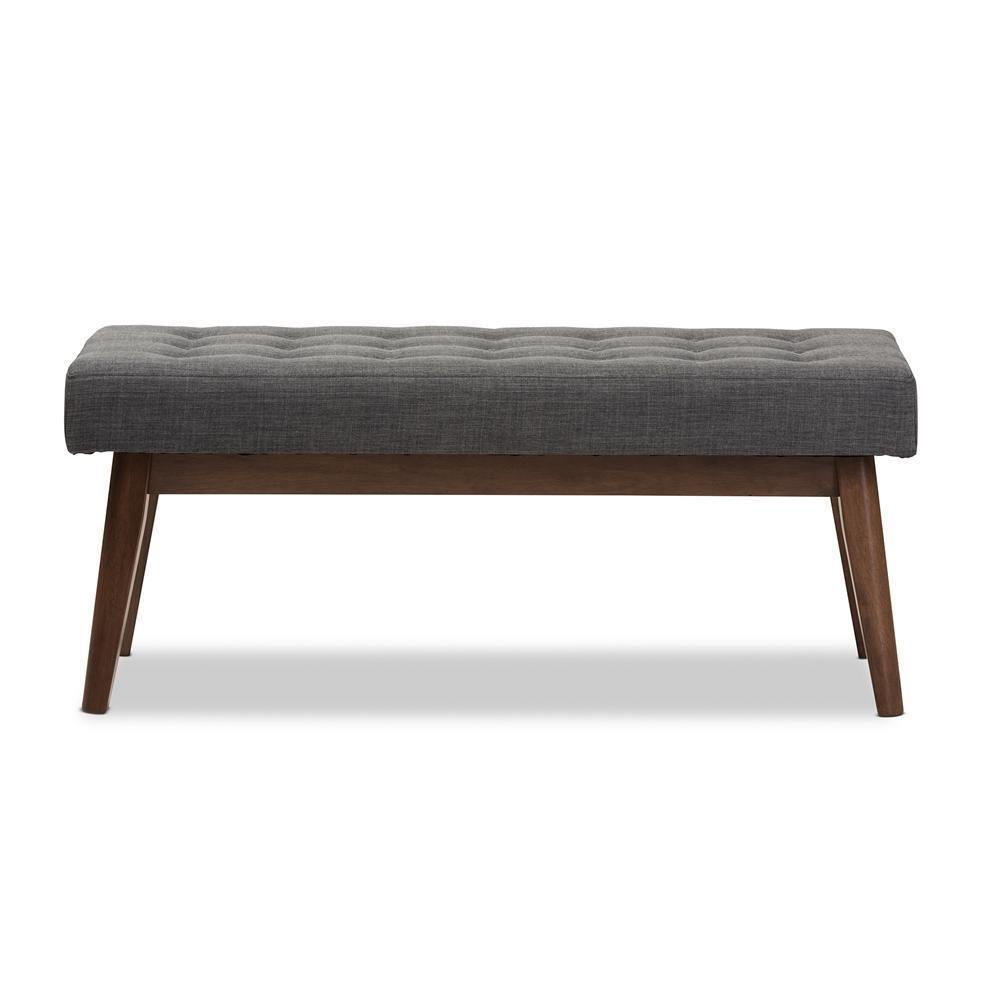 Elia Mid-Century Modern Walnut Wood Dark Grey Fabric Button-Tufted Bench FredCo