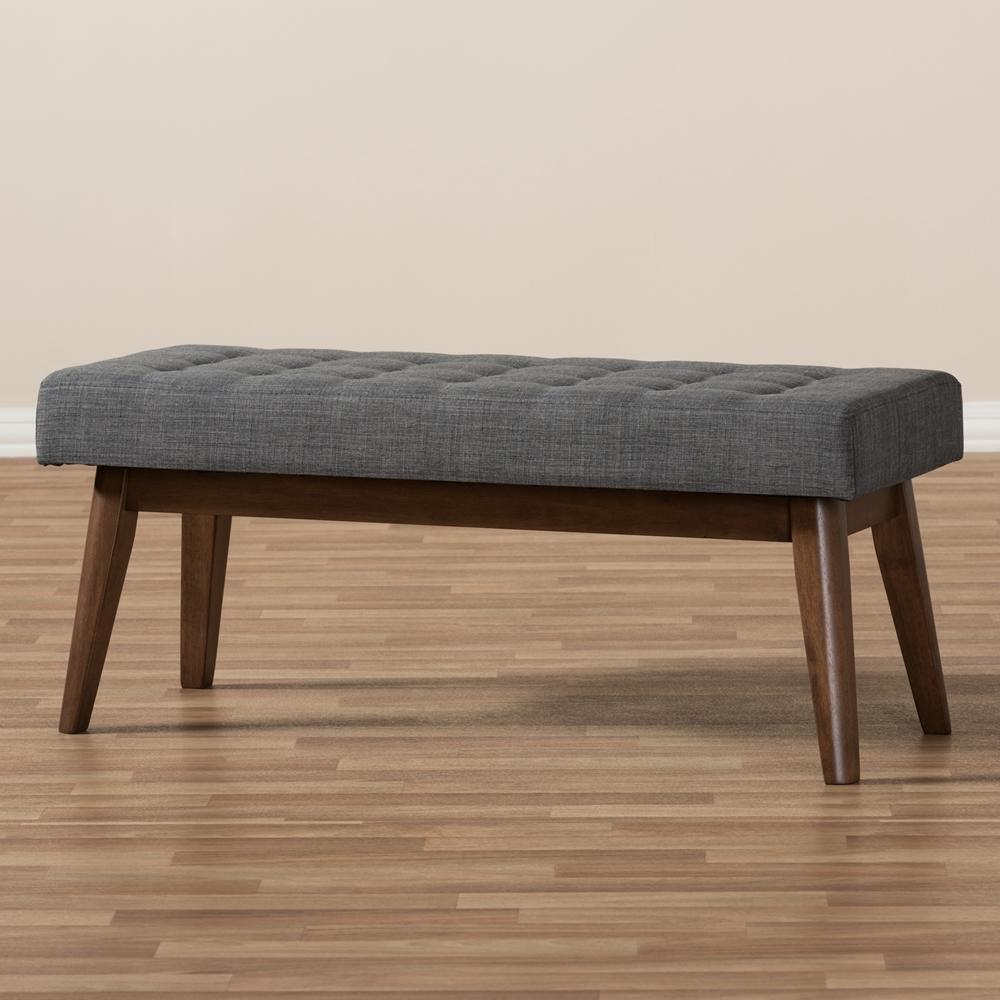 Elia Mid-Century Modern Walnut Wood Dark Grey Fabric Button-Tufted Bench FredCo