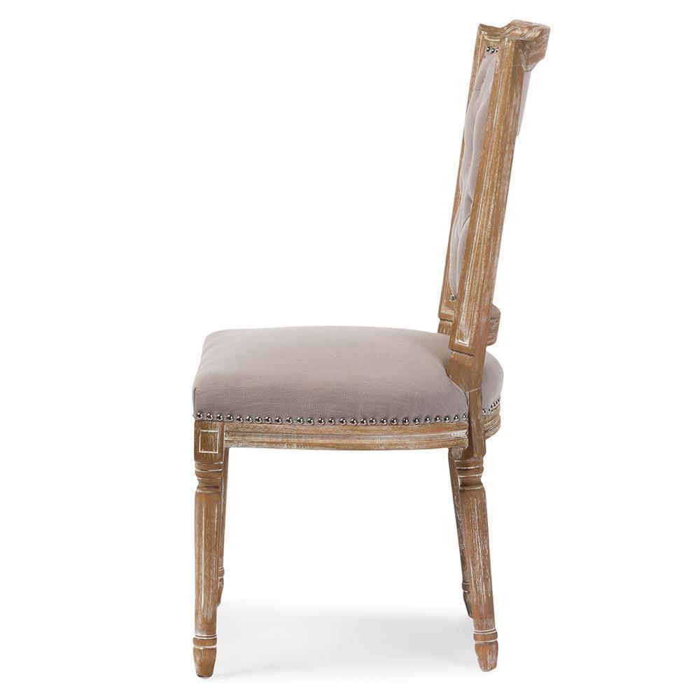 Estelle Chic Rustic French Country Cottage Weathered Oak Beige Fabric Button-tufted Upholstered Dining Chair FredCo