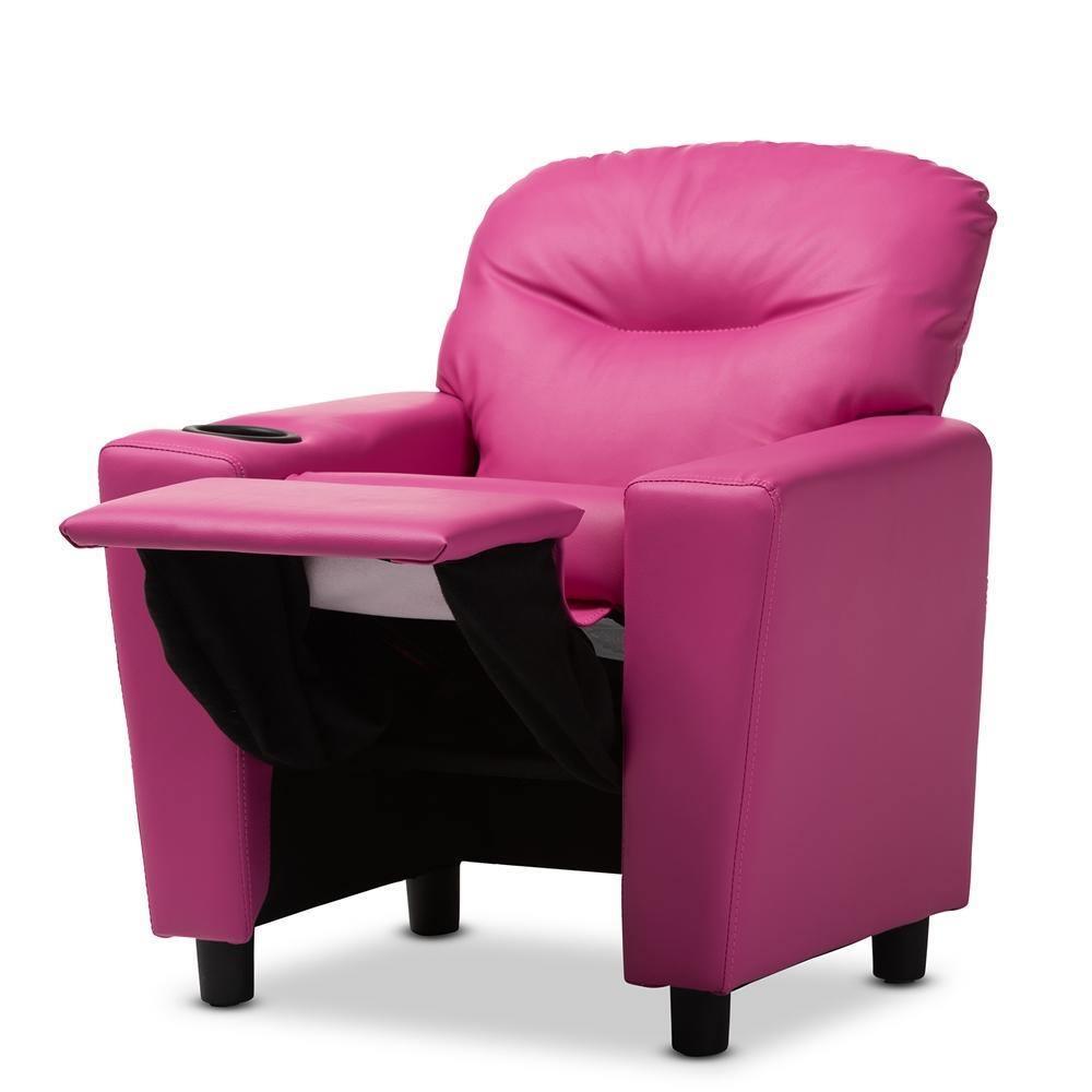 Evonka Modern and Contemporary Magenta Pink Faux Leather Kids Recliner Chair FredCo
