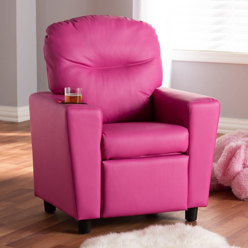 Evonka Modern and Contemporary Magenta Pink Faux Leather Kids Recliner Chair FredCo