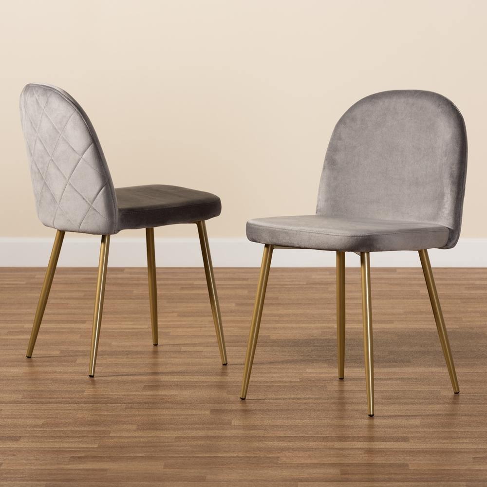 Fantine Modern Luxe and Glam Grey Velvet Fabric Upholstered and Gold Finished Metal 2-Piece Dining Chair Set FredCo