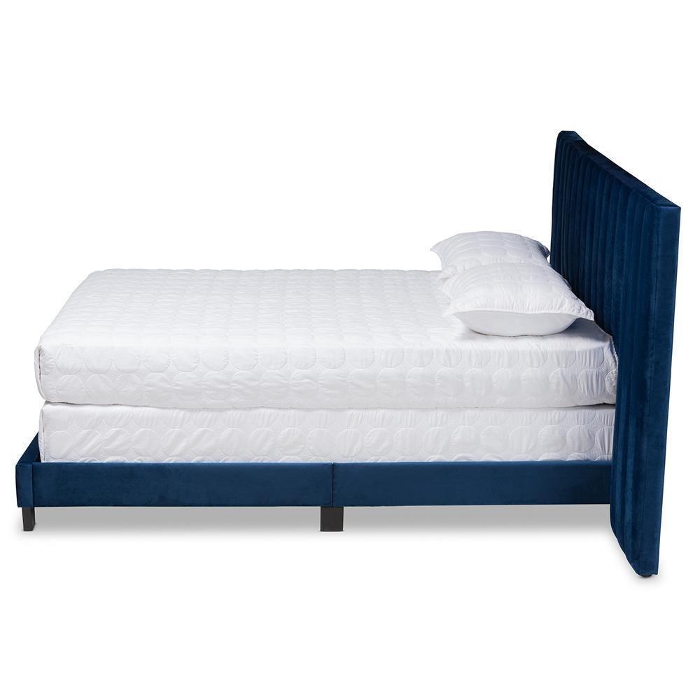 Fiorenza Glam and Luxe Navy Blue Velvet Fabric Upholstered King Size Panel Bed with Extra Wide Channel Tufted Headboard FredCo