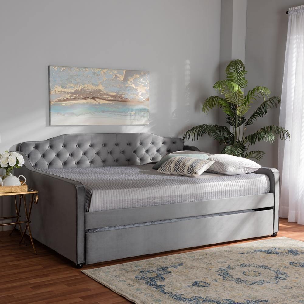 Freda Transitional and Contemporary Grey Velvet Fabric Upholstered and Button Tufted Queen Size Daybed with Trundle FredCo