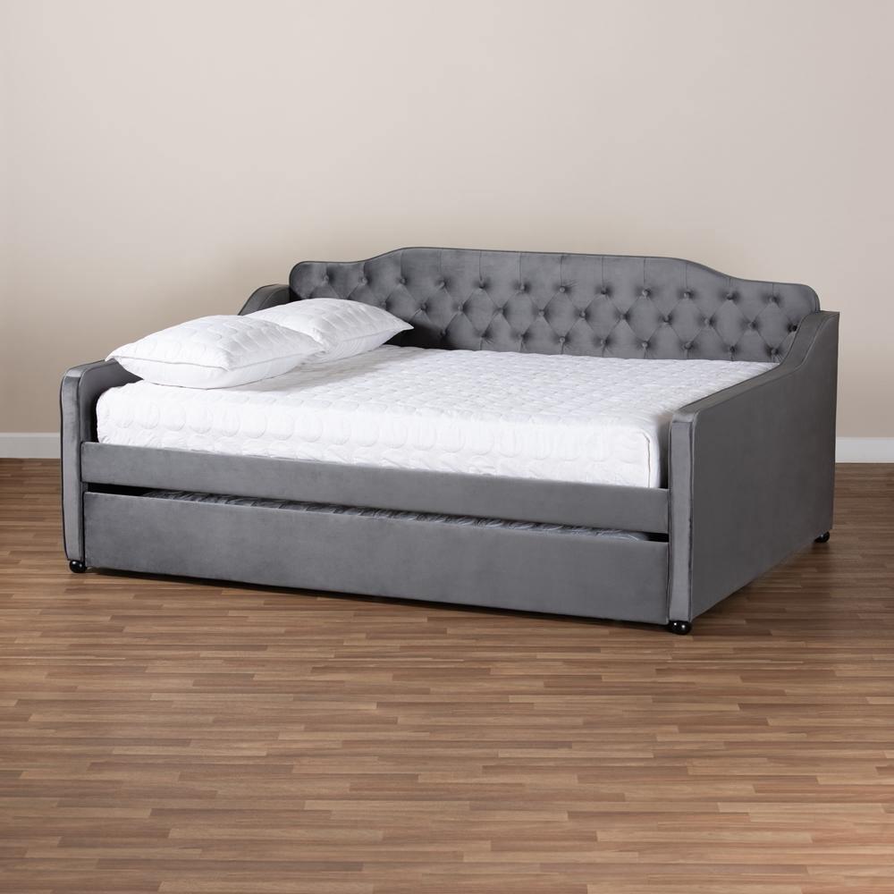 Freda Transitional and Contemporary Grey Velvet Fabric Upholstered and Button Tufted Queen Size Daybed with Trundle FredCo