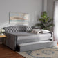 Freda Transitional and Contemporary Grey Velvet Fabric Upholstered and Button Tufted Queen Size Daybed with Trundle FredCo