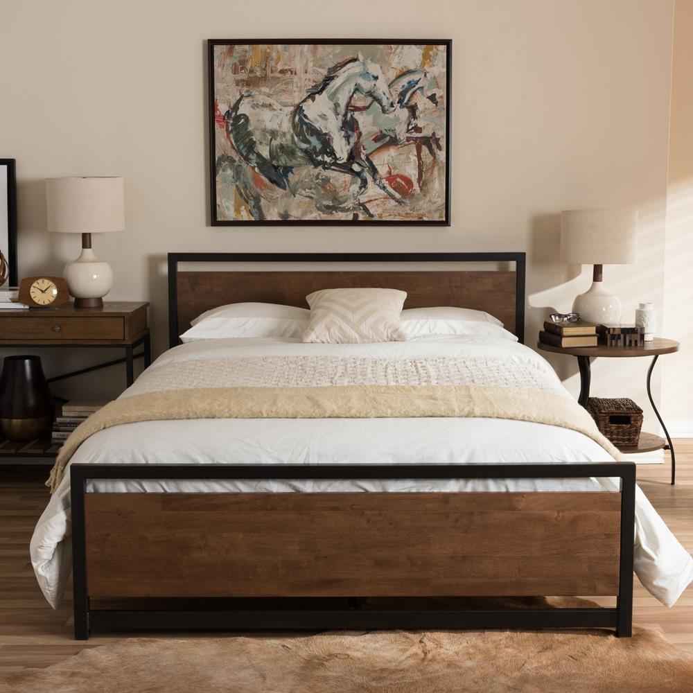 Gabby Industrial Style Antique Bronze Finished Metal and Walnut Wood Queen Size Platform Bed FredCo