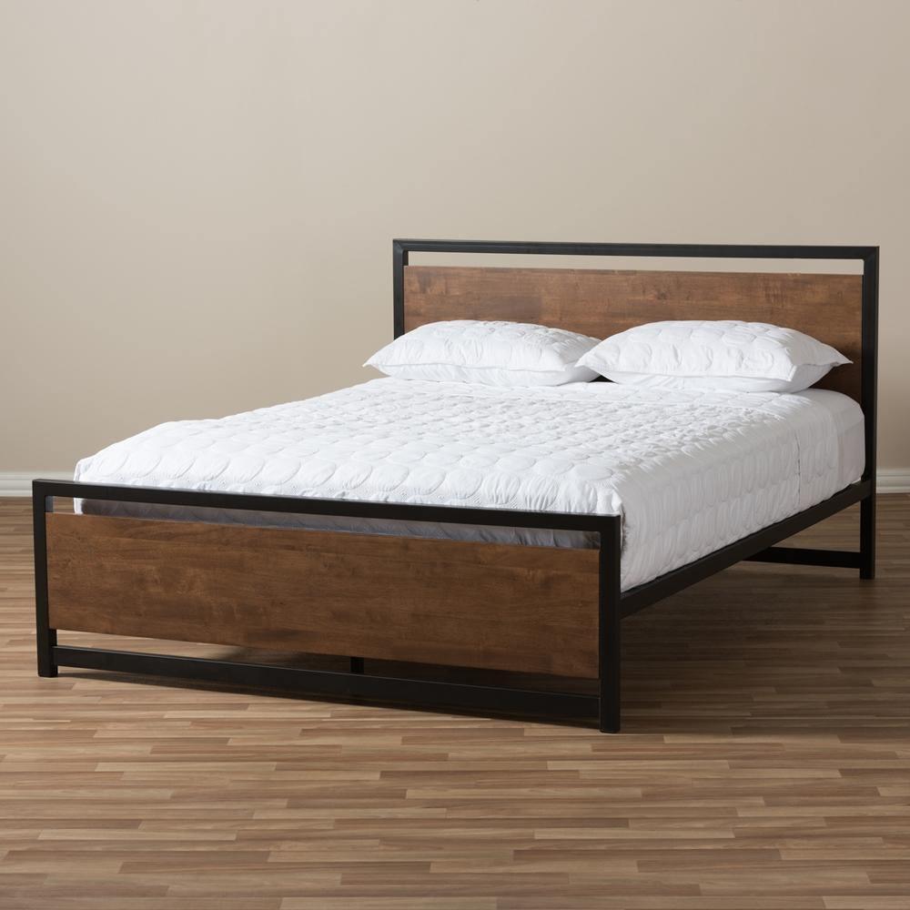 Gabby Industrial Style Antique Bronze Finished Metal and Walnut Wood Queen Size Platform Bed FredCo