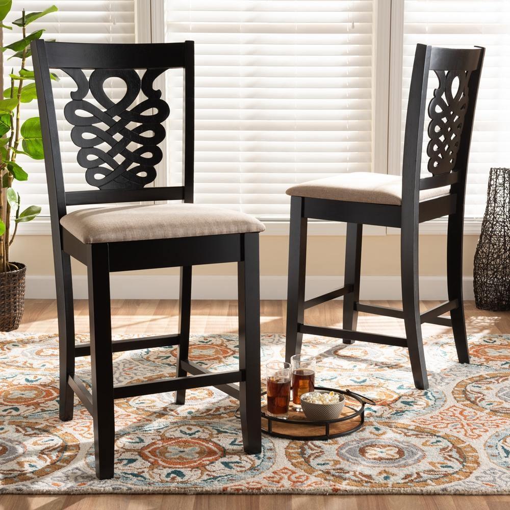 Gervais Modern and Contemporary Transitional Sand Fabric Upholstered and Dark Brown Finished Wood 2-Piece Counter Stool Set FredCo