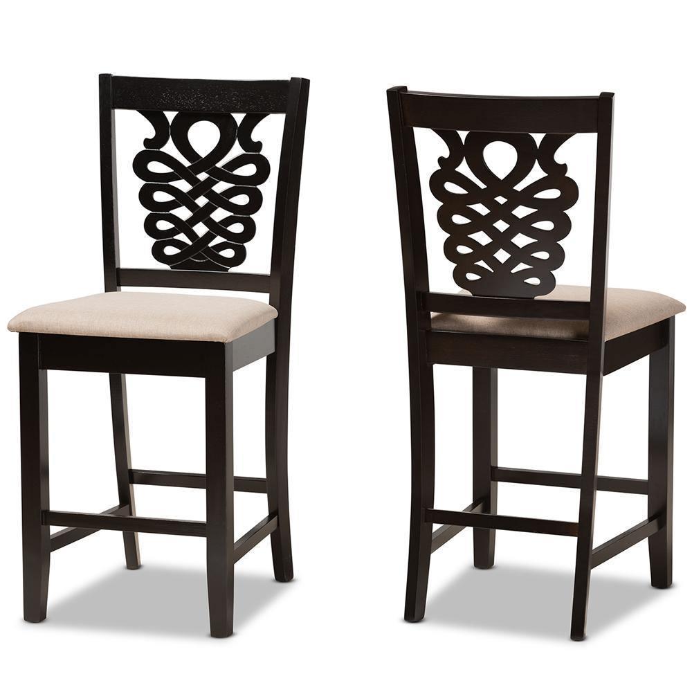 Gervais Modern and Contemporary Transitional Sand Fabric Upholstered and Dark Brown Finished Wood 2-Piece Counter Stool Set FredCo