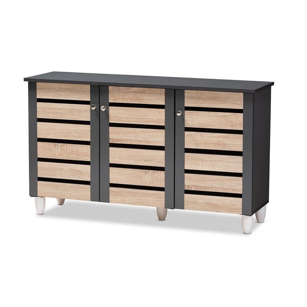 Gisela Modern and Contemporary Two-Tone Oak and Dark Gray 3-Door Shoe Storage Cabinet FredCo
