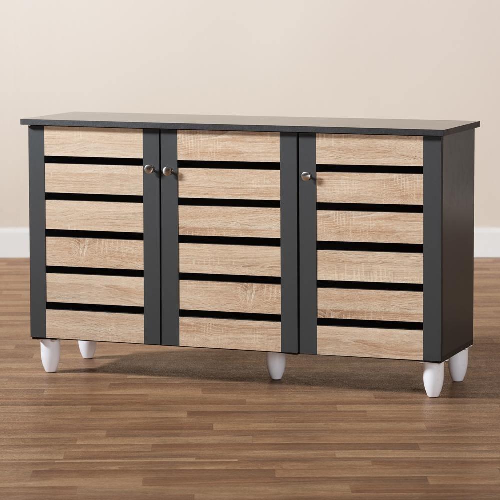 Gisela Modern and Contemporary Two-Tone Oak and Dark Gray 3-Door Shoe Storage Cabinet FredCo
