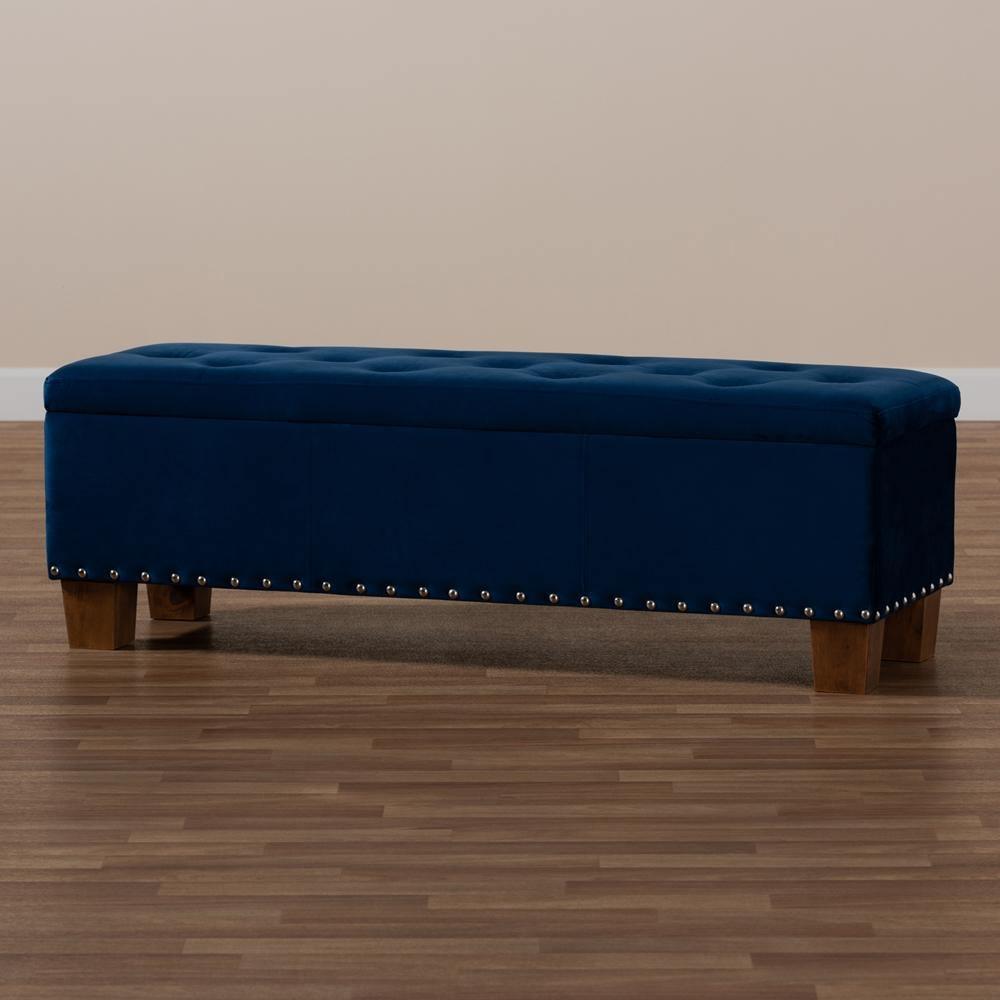 Hannah Modern and Contemporary Navy Blue Velvet Fabric Upholstered Button-Tufted Storage Ottoman Bench FredCo