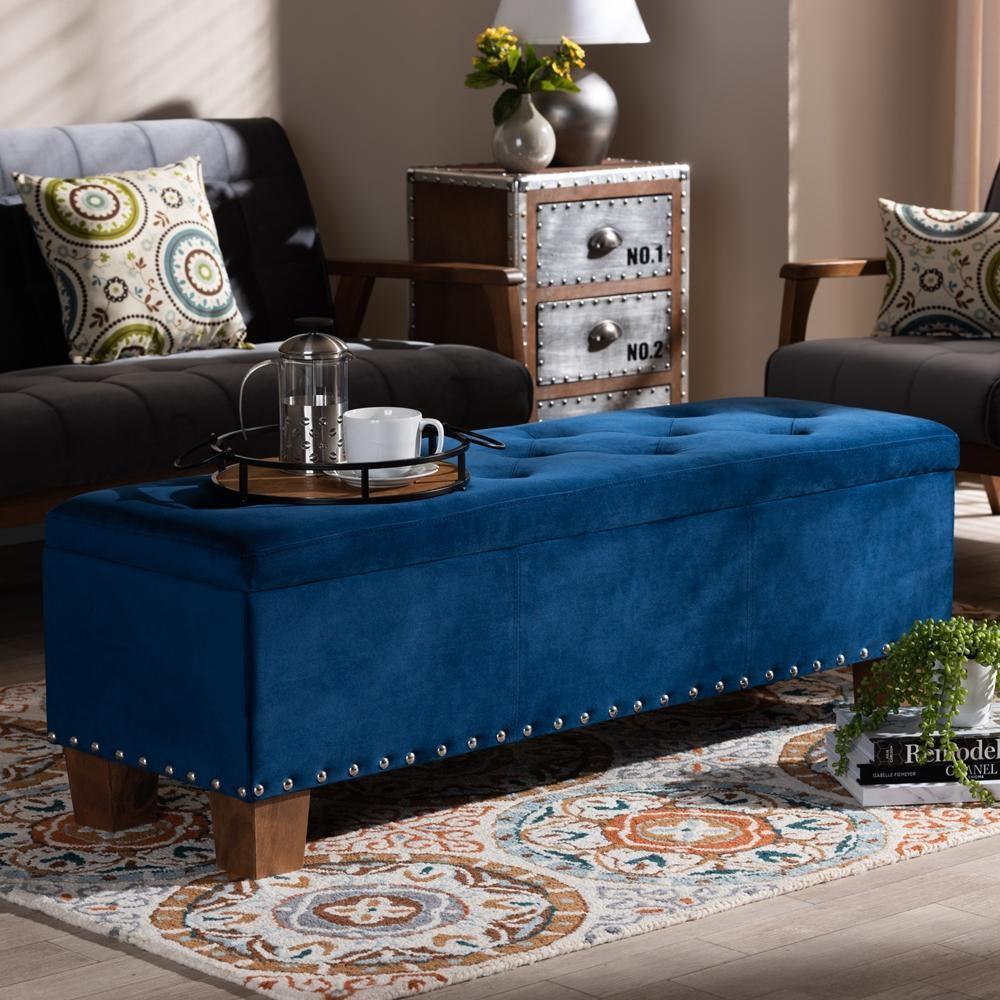 Hannah Modern and Contemporary Navy Blue Velvet Fabric Upholstered Button-Tufted Storage Ottoman Bench FredCo