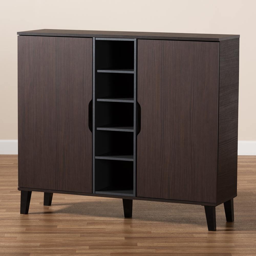 Idina Mid-Century Modern Two-Tone Dark Brown and Grey Finished Wood 2-Door Shoe Cabinet FredCo