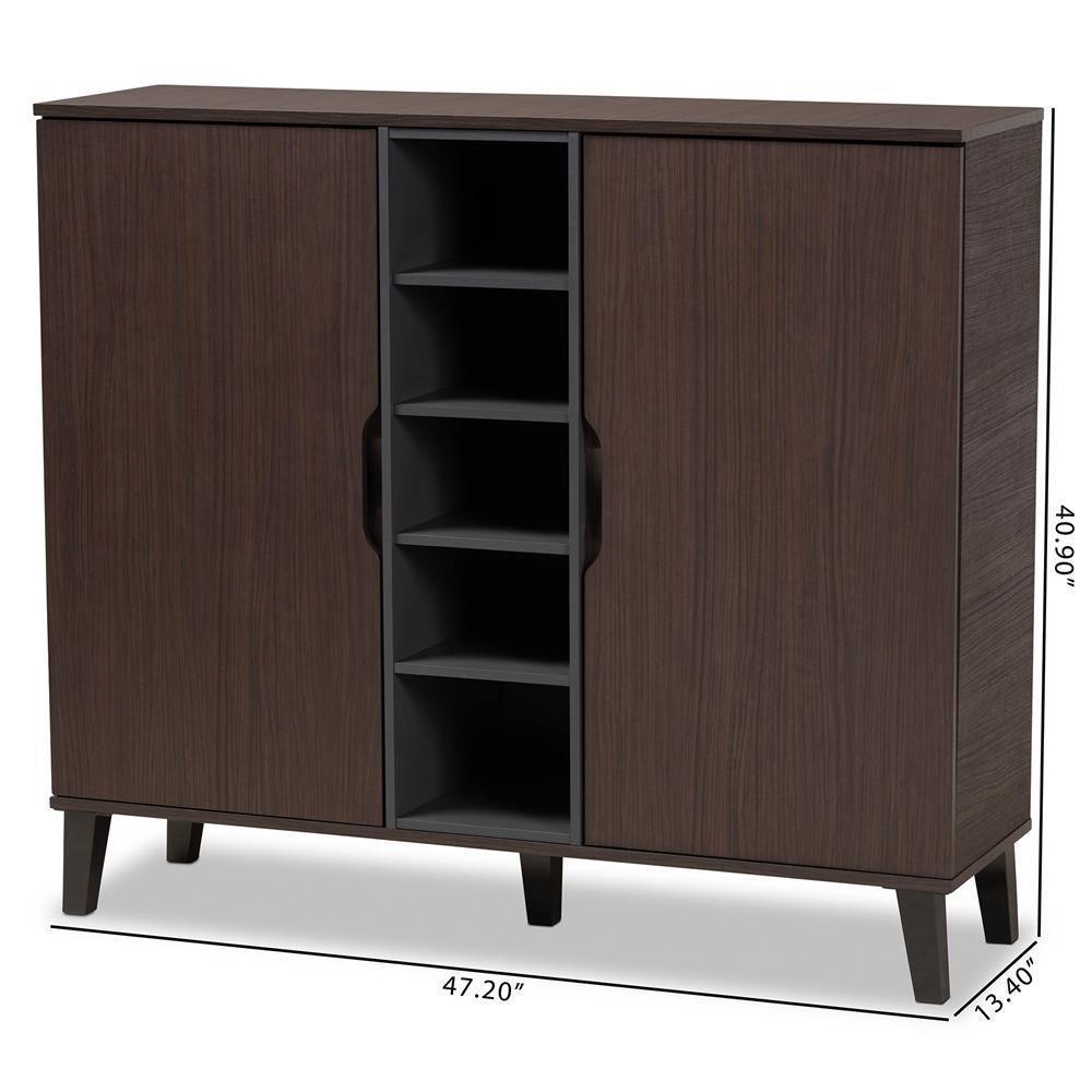Idina Mid-Century Modern Two-Tone Dark Brown and Grey Finished Wood 2-Door Shoe Cabinet FredCo