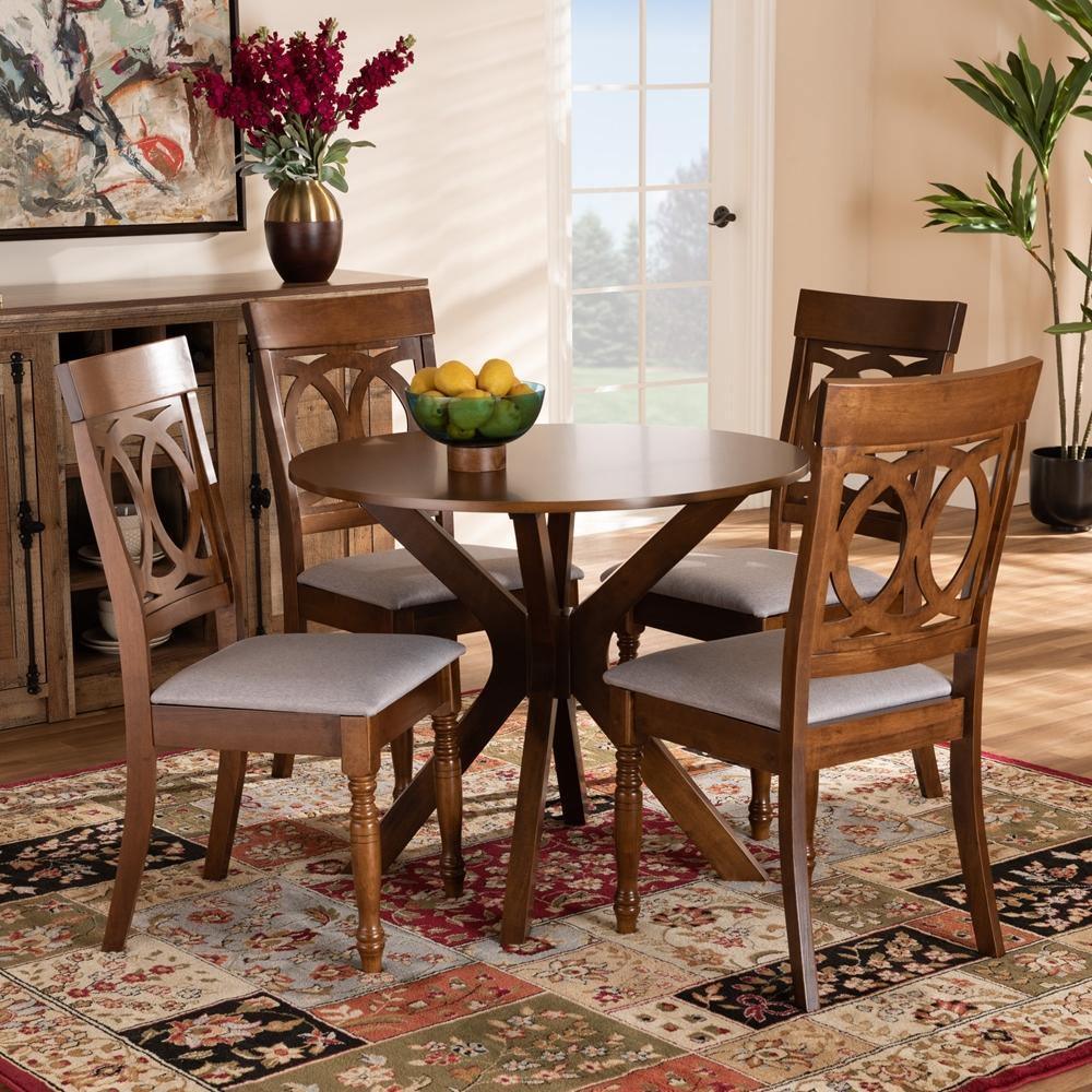 Jessie Modern and Contemporary Grey Fabric Upholstered and Walnut Brown Finished Wood 5-Piece Dining Set FredCo