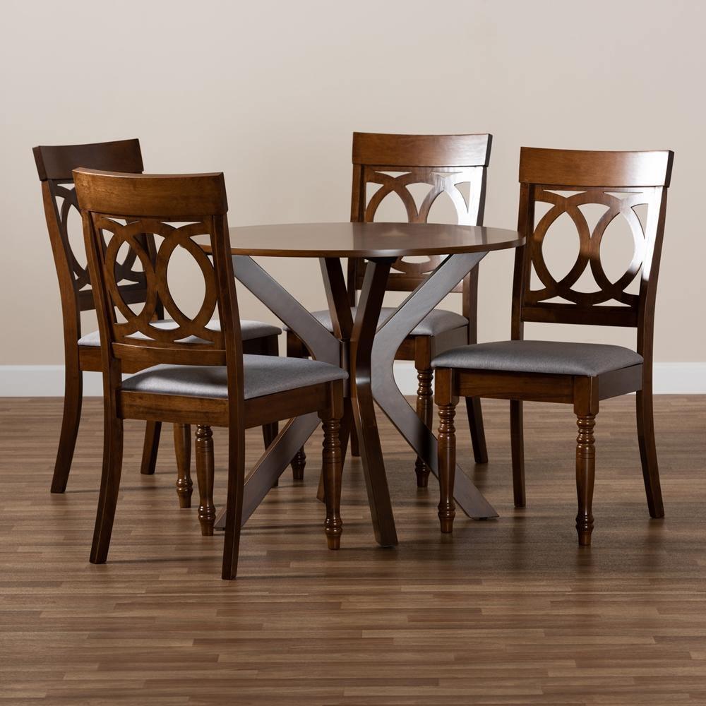 Jessie Modern and Contemporary Grey Fabric Upholstered and Walnut Brown Finished Wood 5-Piece Dining Set FredCo