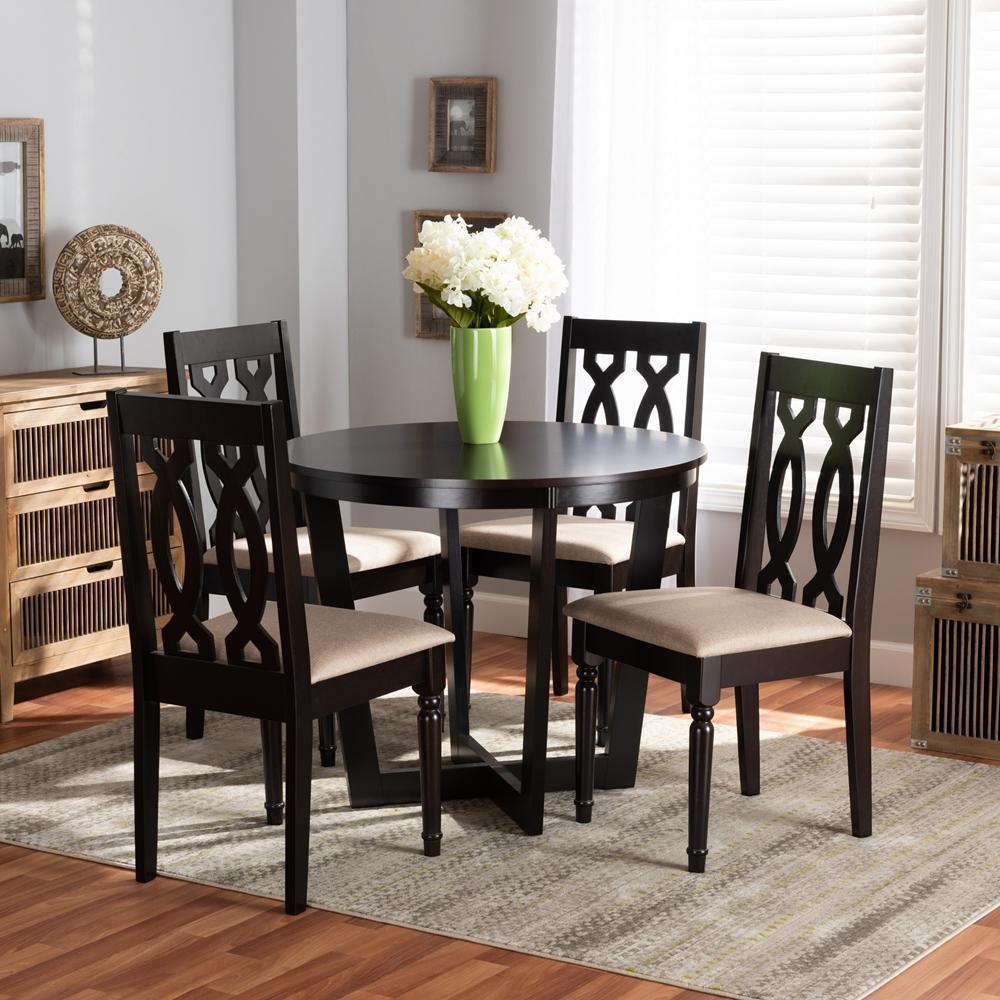 Julie Modern and Contemporary Sand Fabric Upholstered and Dark Brown Finished Wood 5-Piece Dining Set FredCo