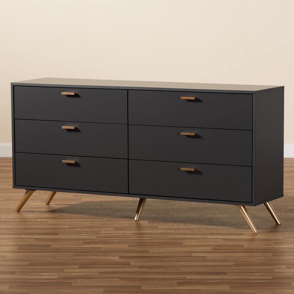 Kelson Modern and Contemporary Dark Grey and Gold Finished Wood 6-Drawer Dresser FredCo