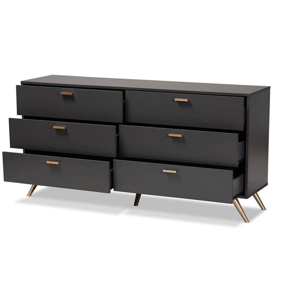 Kelson Modern and Contemporary Dark Grey and Gold Finished Wood 6-Drawer Dresser FredCo