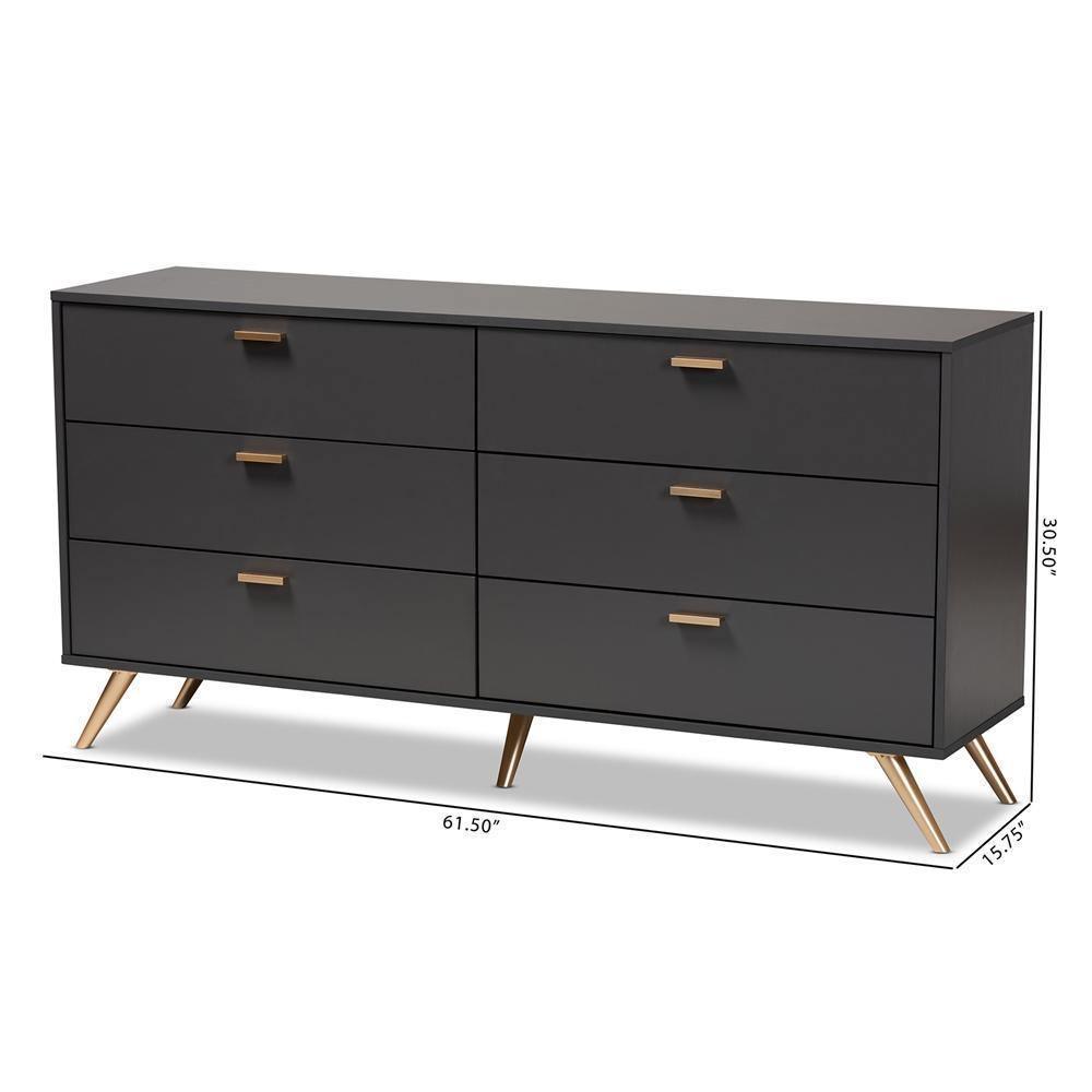 Kelson Modern and Contemporary Dark Grey and Gold Finished Wood 6-Drawer Dresser FredCo