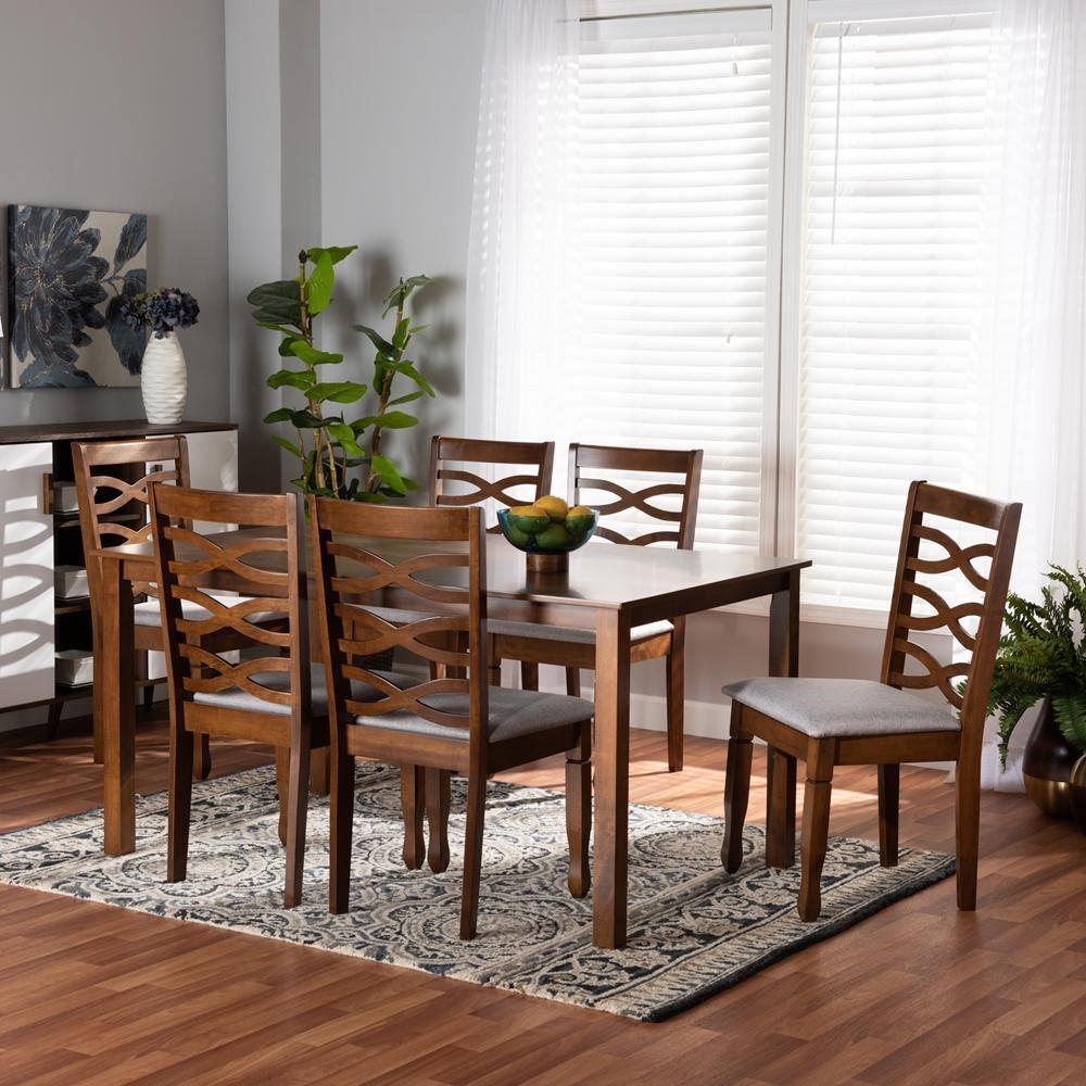 Lanier Modern and Contemporary Grey Fabric Upholstered and Walnut Brown Finished Wood 7-Piece Dining Set FredCo