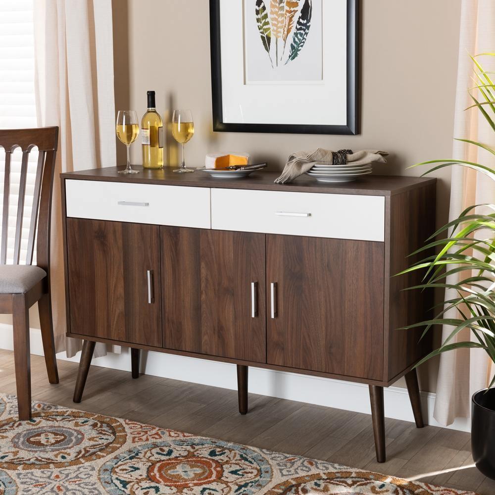 Leena Mid-Century Modern Two-Tone White and Walnut Brown Finished Wood 2-Drawer Sideboard Buffet FredCo