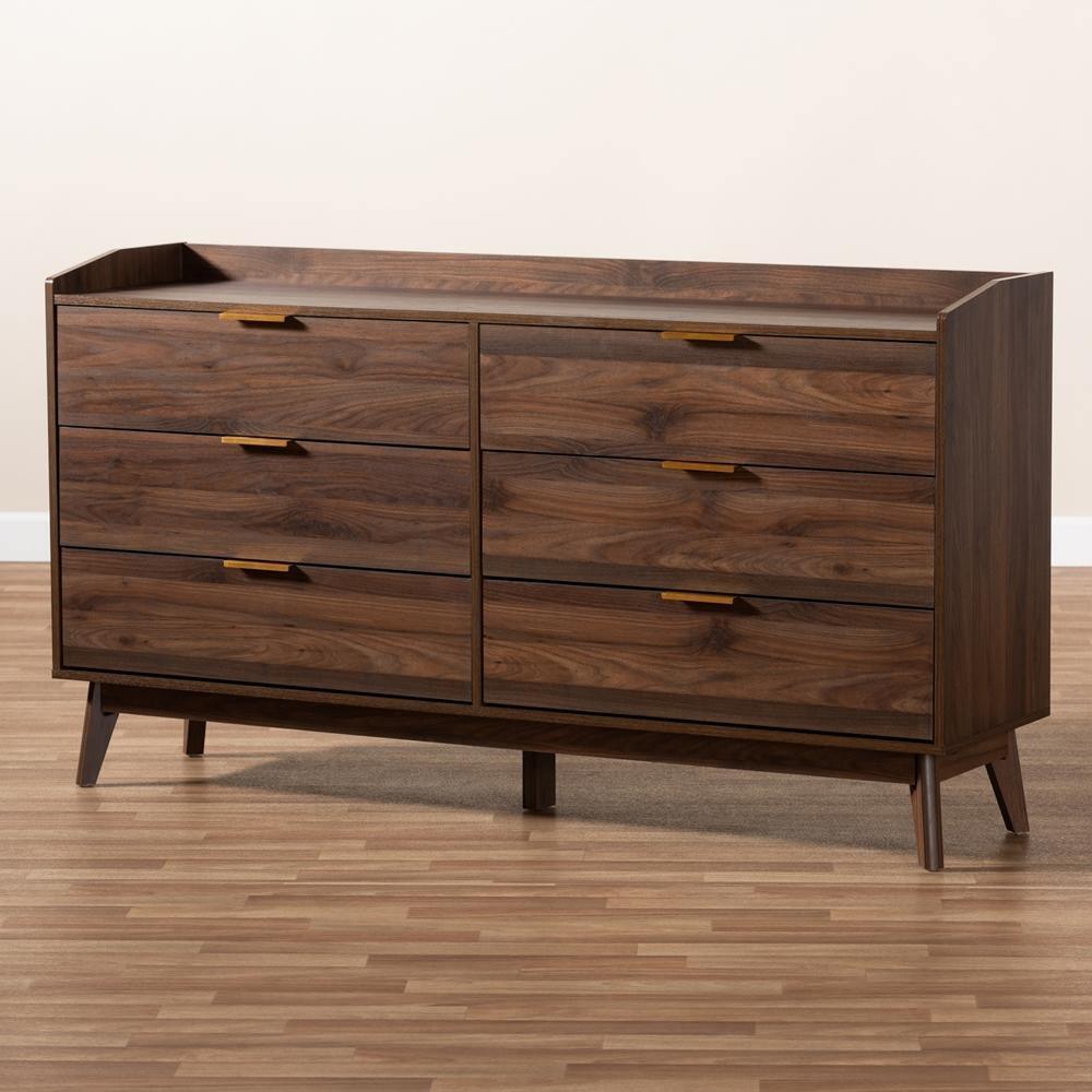 Lena Mid-Century Modern Walnut Brown Finished 6-Drawer Wood Dresser ...