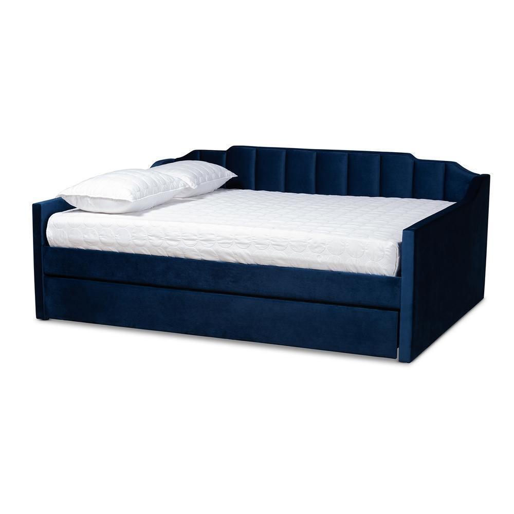 Lennon Modern and Contemporary Navy Blue Velvet Fabric Upholstered Full Size Daybed with Trundle FredCo