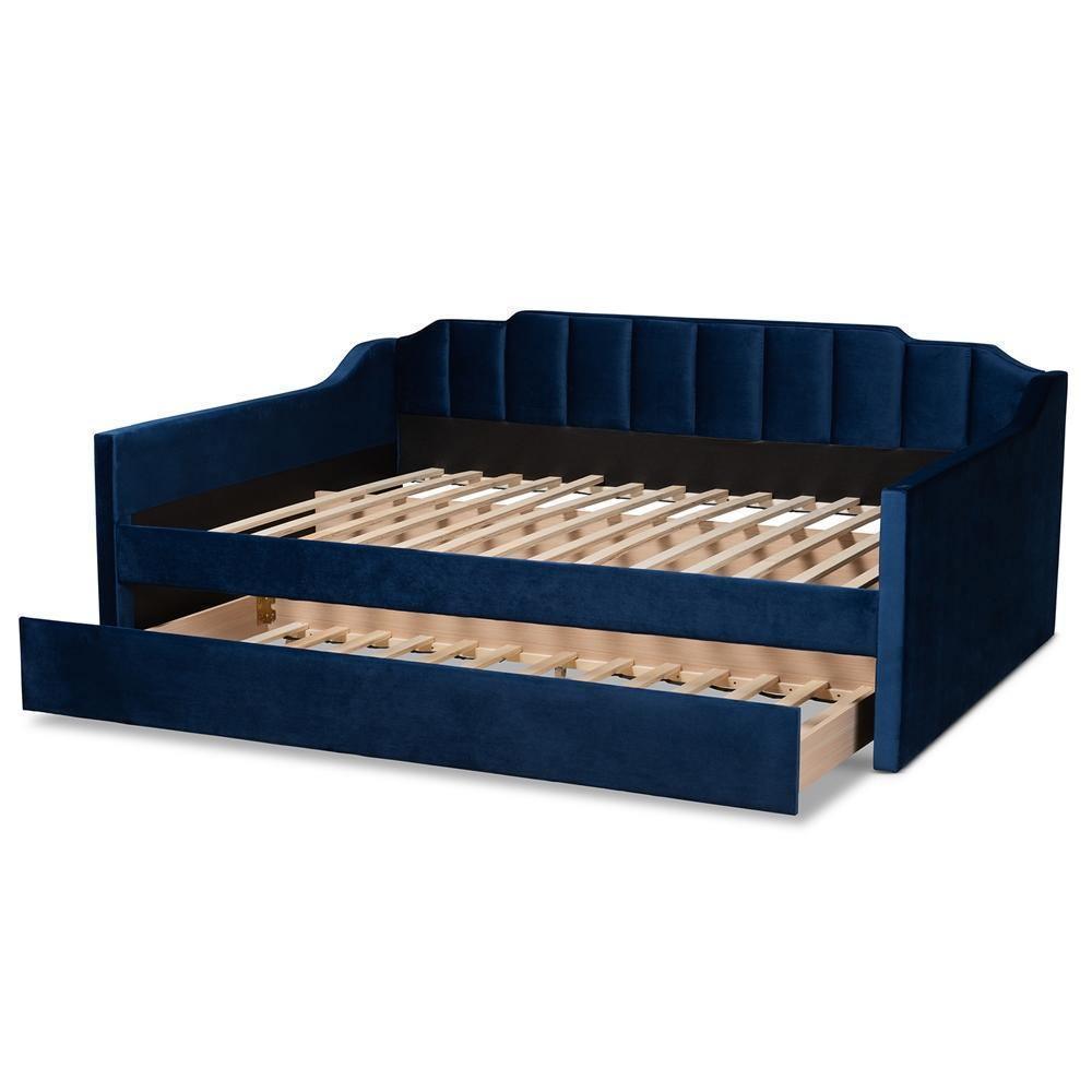 Lennon Modern and Contemporary Navy Blue Velvet Fabric Upholstered Full Size Daybed with Trundle FredCo