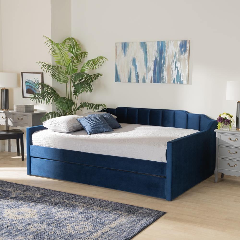 Lennon Modern and Contemporary Navy Blue Velvet Fabric Upholstered Full Size Daybed with Trundle FredCo