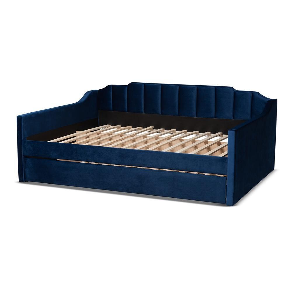 Lennon Modern and Contemporary Navy Blue Velvet Fabric Upholstered Full Size Daybed with Trundle FredCo