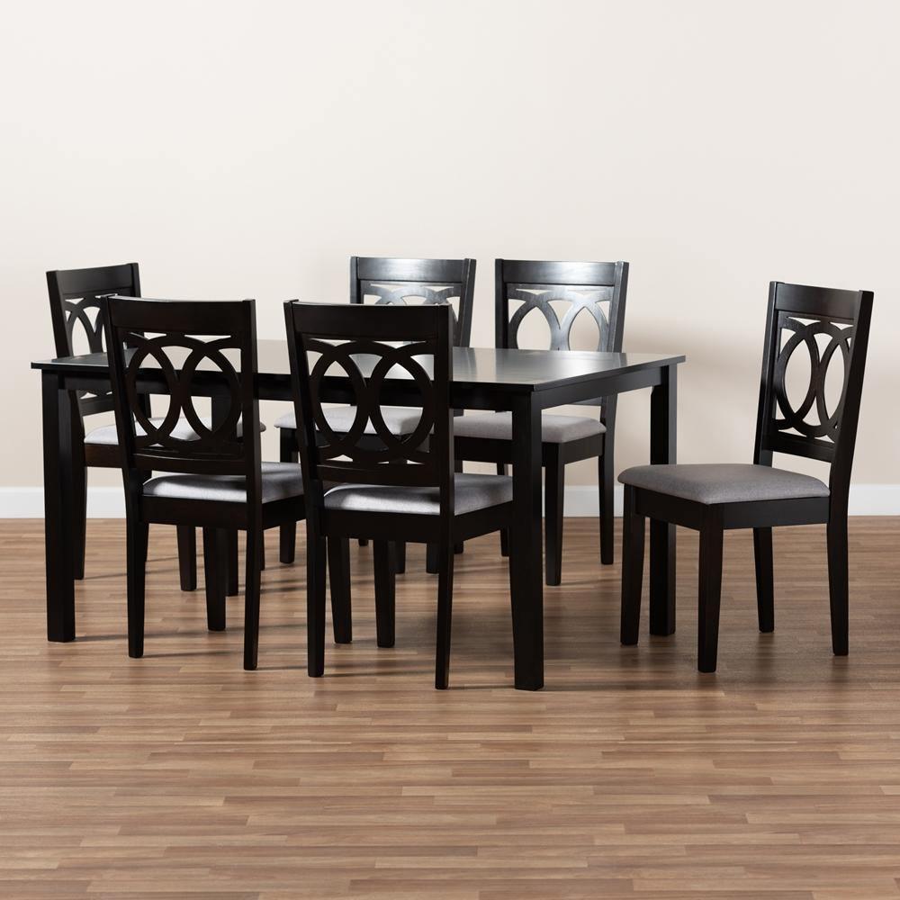 Lenoir Modern and Contemporary Grey Fabric Upholstered Espresso Brown Finished Wood 7-Piece Dining Set FredCo