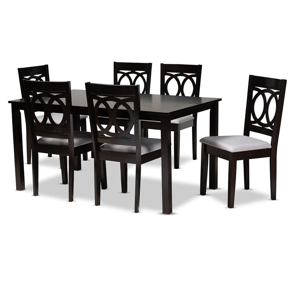 Lenoir Modern and Contemporary Grey Fabric Upholstered Espresso Brown Finished Wood 7-Piece Dining Set FredCo