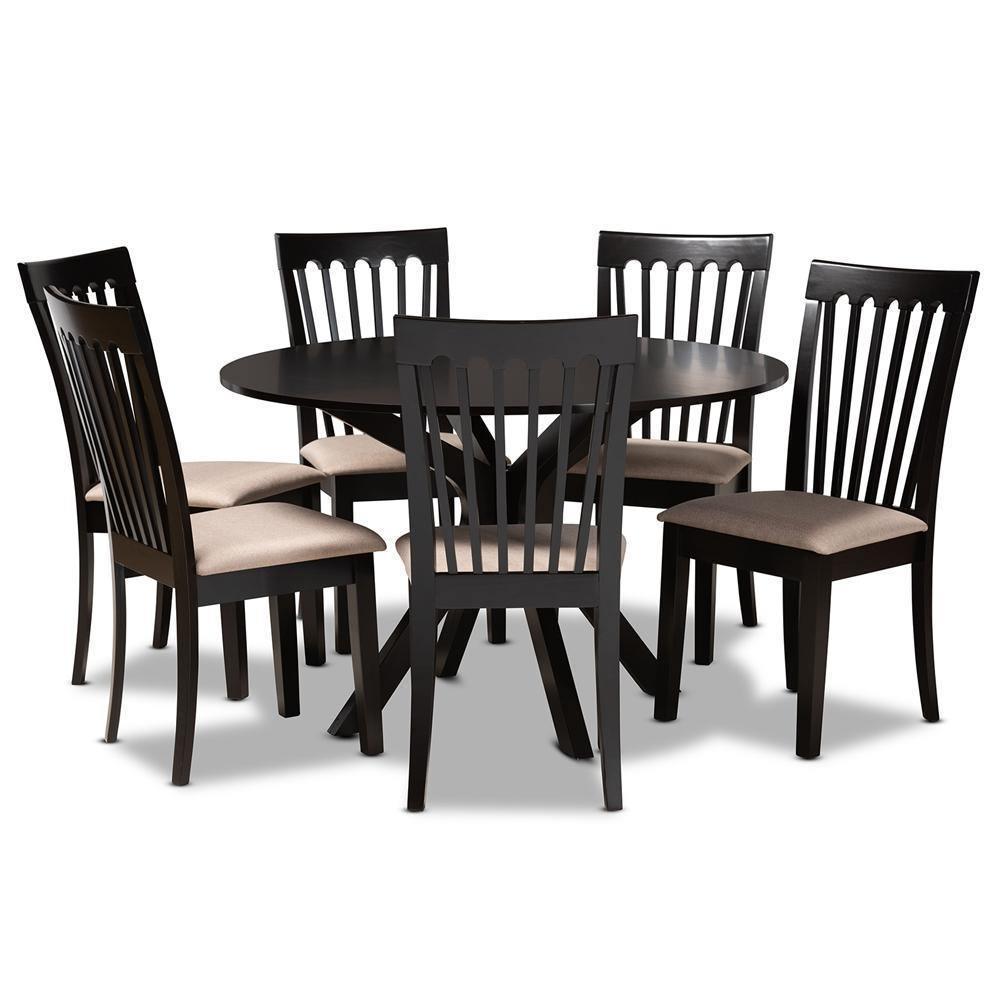 Lore Modern and Contemporary Sand Fabric Upholstered and Dark Brown Finished Wood 7-Piece Dining Set FredCo