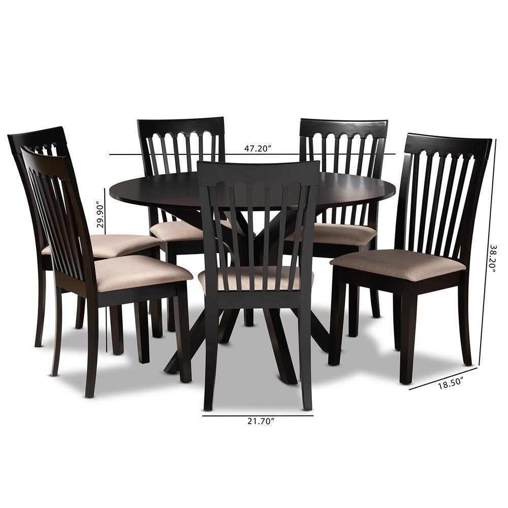 Lore Modern and Contemporary Sand Fabric Upholstered and Dark Brown Finished Wood 7-Piece Dining Set FredCo