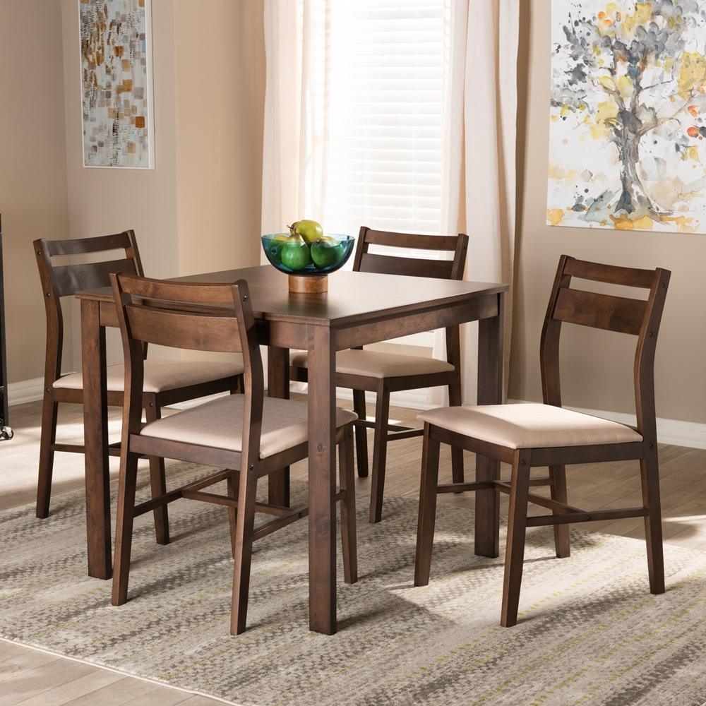 Lovy Modern and Contemporary Beige Fabric Upholstered Dark Walnut-Finished 5-Piece Wood Dining Set FredCo