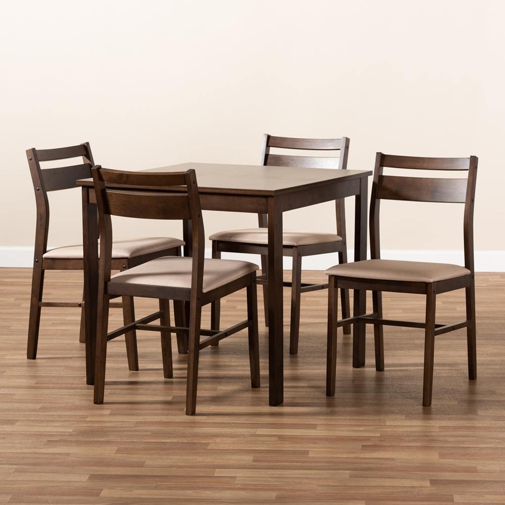 Lovy Modern and Contemporary Beige Fabric Upholstered Dark Walnut-Finished 5-Piece Wood Dining Set FredCo