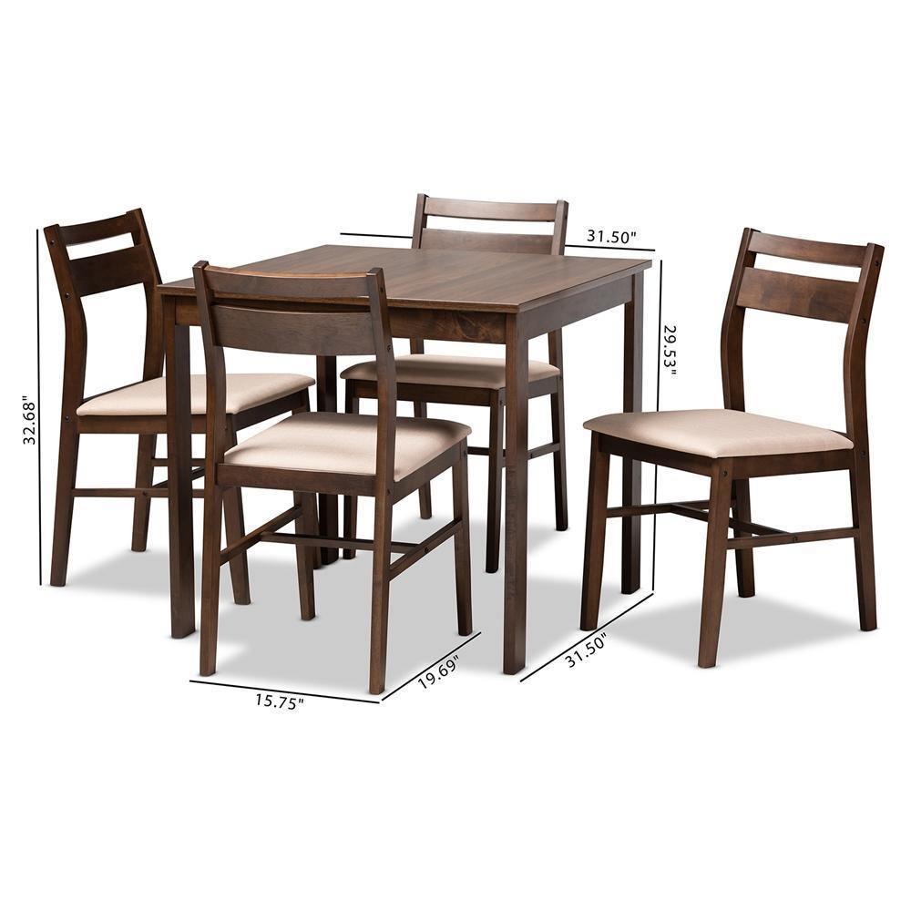 Lovy Modern and Contemporary Beige Fabric Upholstered Dark Walnut-Finished 5-Piece Wood Dining Set FredCo