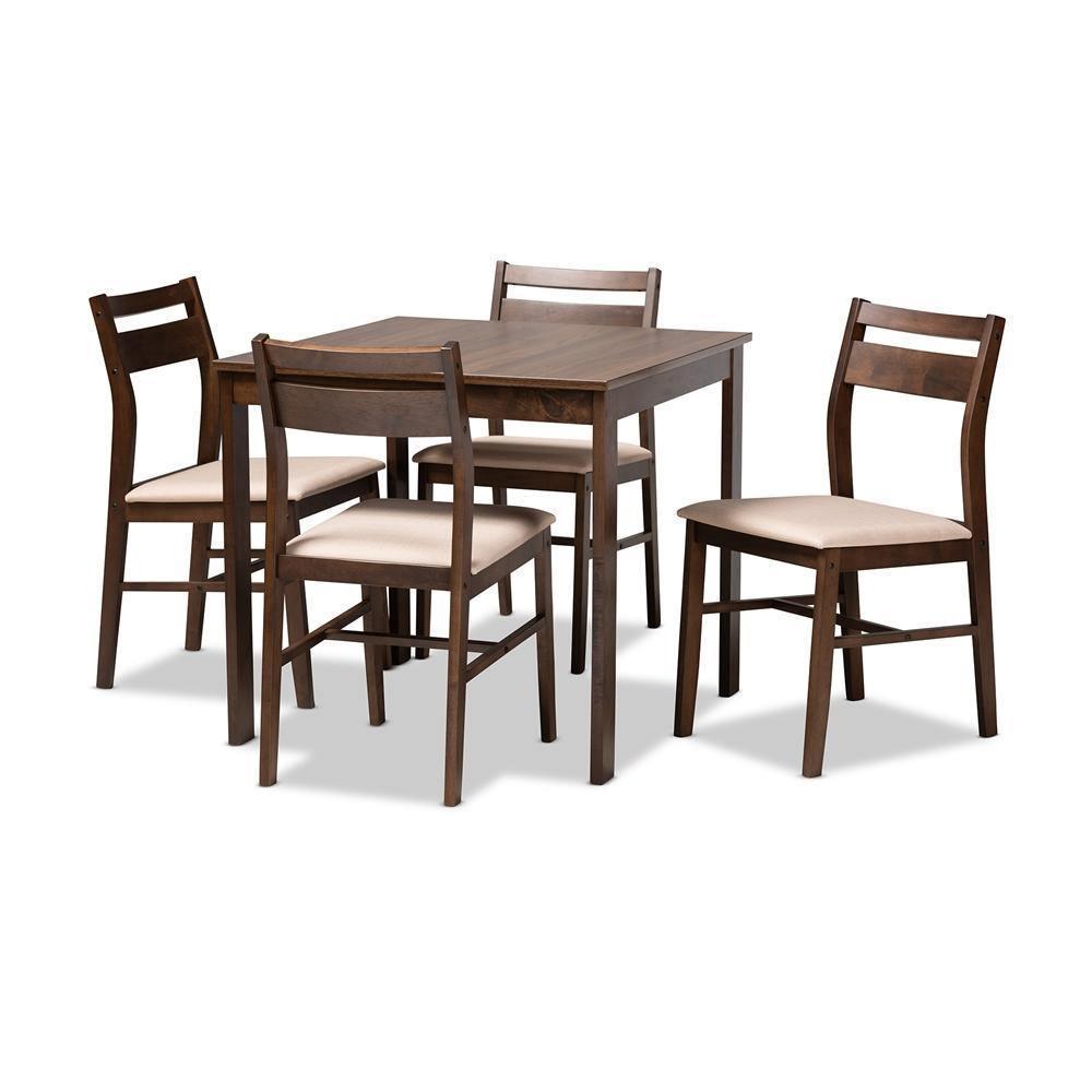 Lovy Modern and Contemporary Beige Fabric Upholstered Dark Walnut-Finished 5-Piece Wood Dining Set FredCo