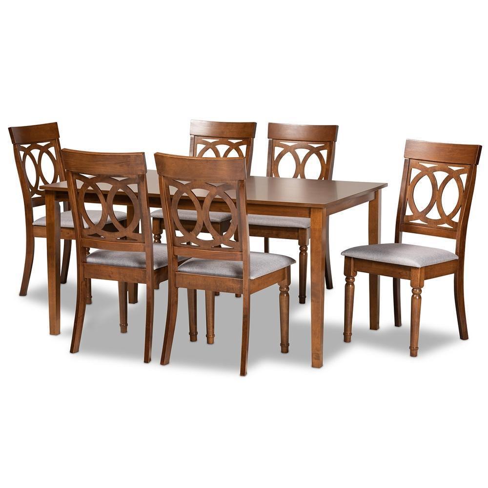 Lucie Modern and Contemporary Grey Fabric Upholstered and Walnut Brown Finished Wood 7-Piece Dining Set FredCo